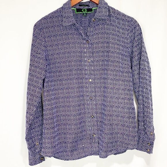 C. Wonder Blue and White Geometric Silk Cotton Blend Button Down Blouse Small - Picture 13 of 13